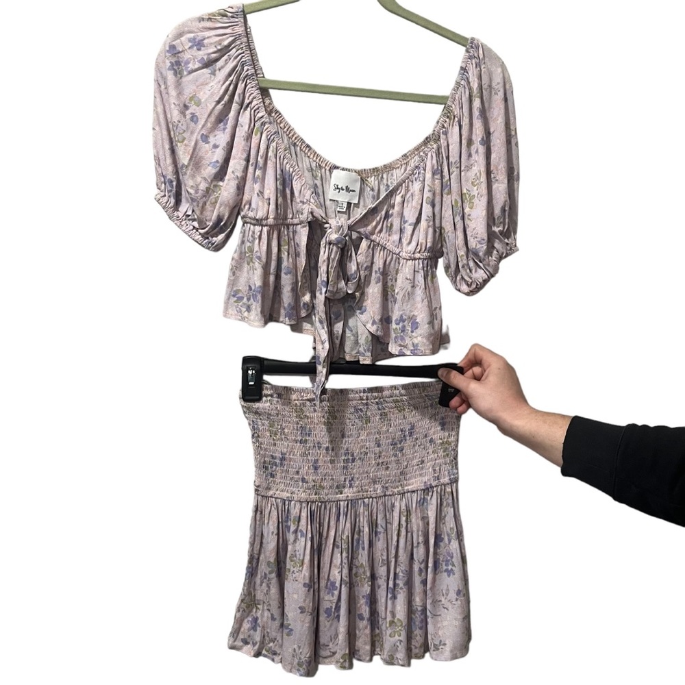 Sky to Moon small Set Purple Flowers ‎ Crop Top & Skirt Tie Front Fairy NEW